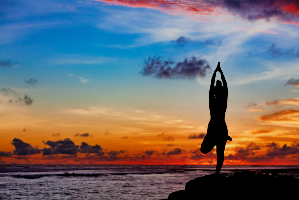 Sunset,Meditation,Silhouette.,Active,Woman,Stand,In,Yoga,Pose,On